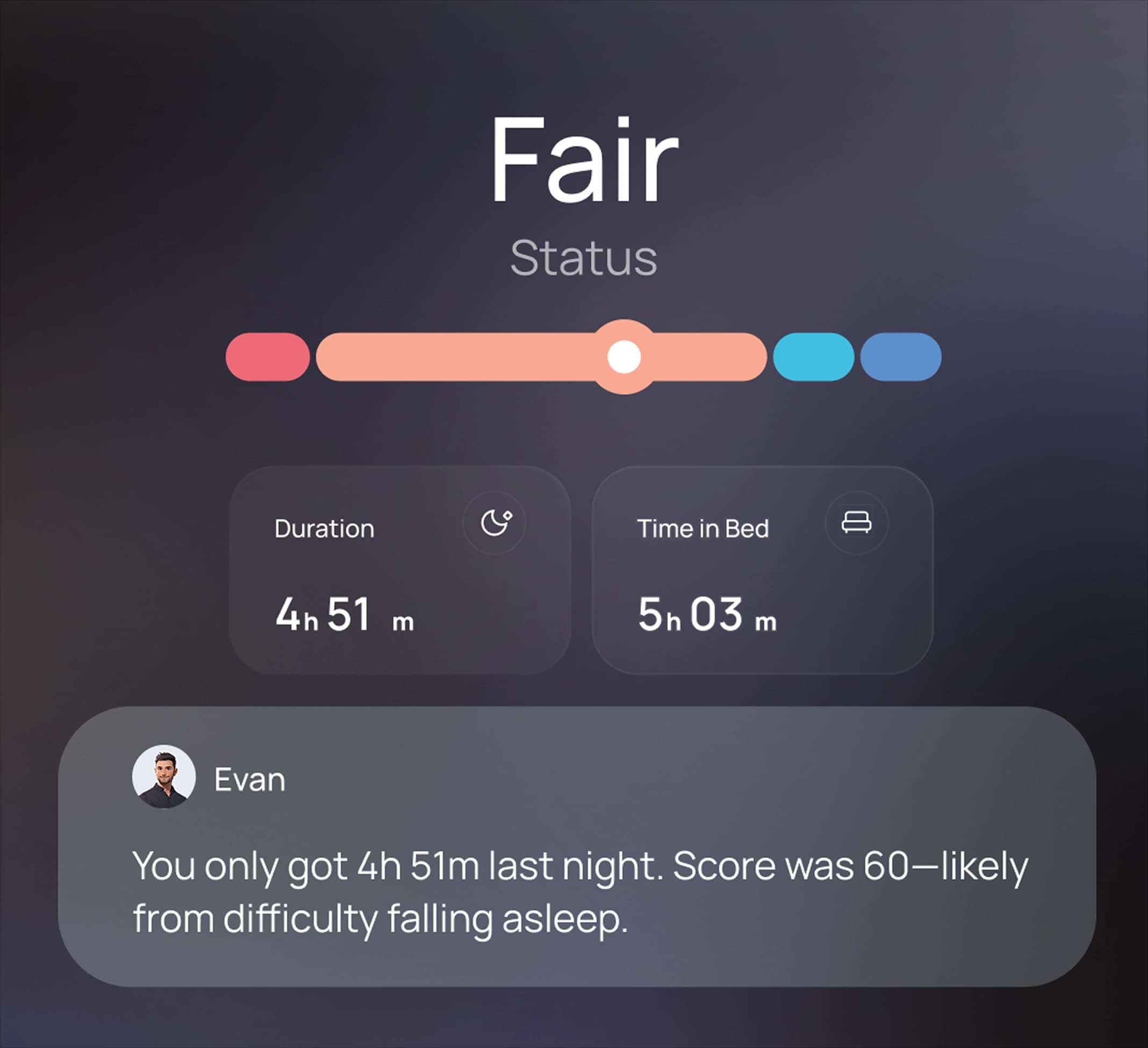 Dark analytics card interface for sleep data visualization