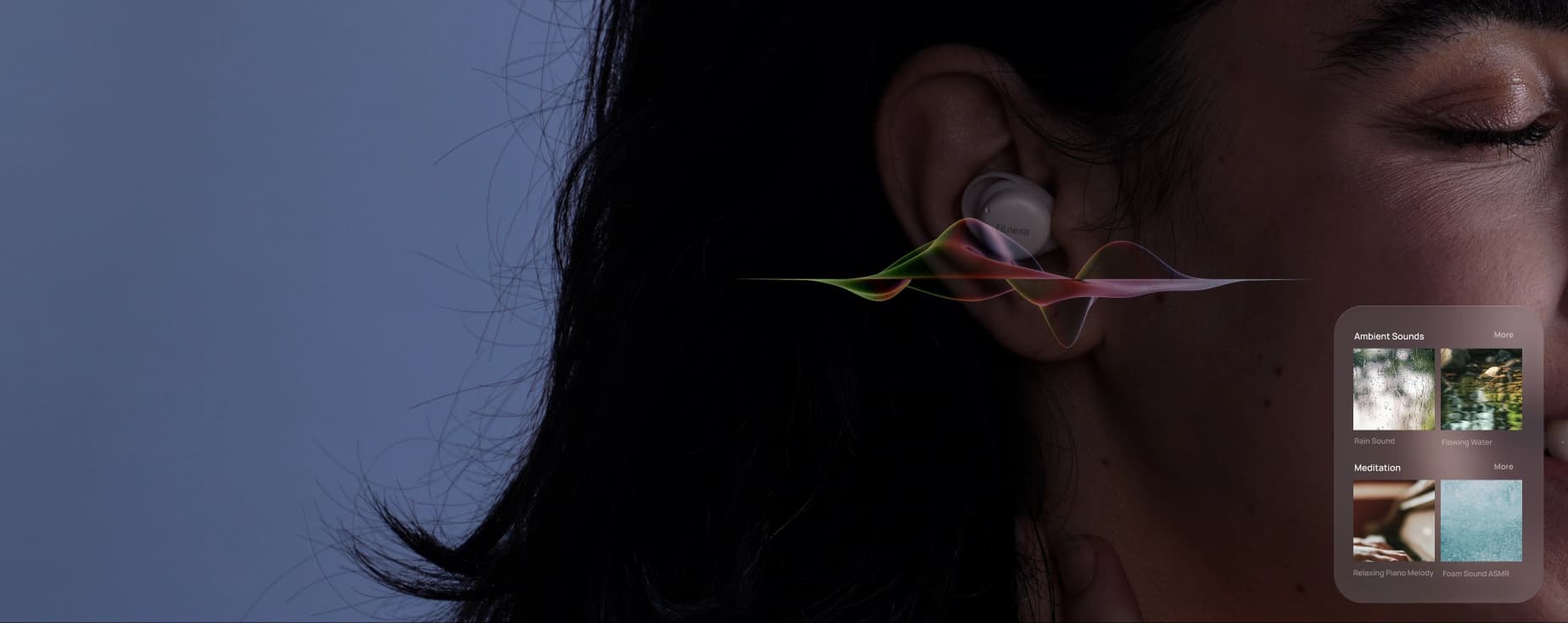 Person wearing Fitnexa earbuds resting peacefully